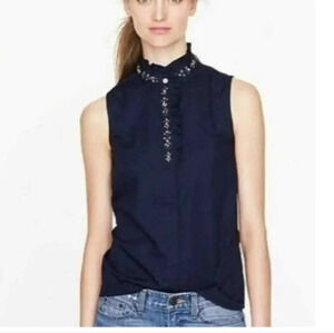 J Crew Navy BlueRuffled Rhinestone Cotton Crystal Sleeveless Blouse Size 00